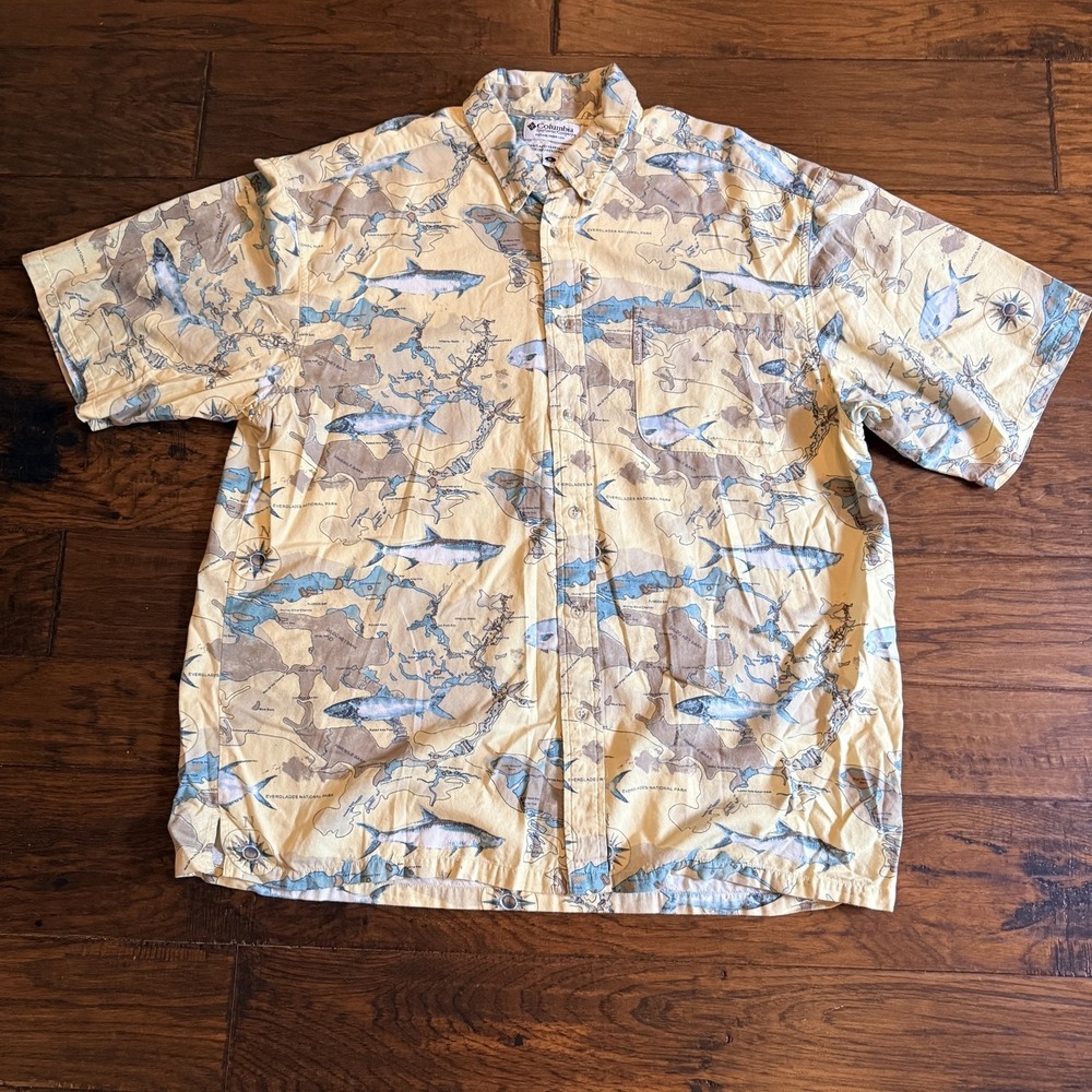 Columbia Shirt Mens XL Yellow Fish Map Everglades Print Button Up Travel